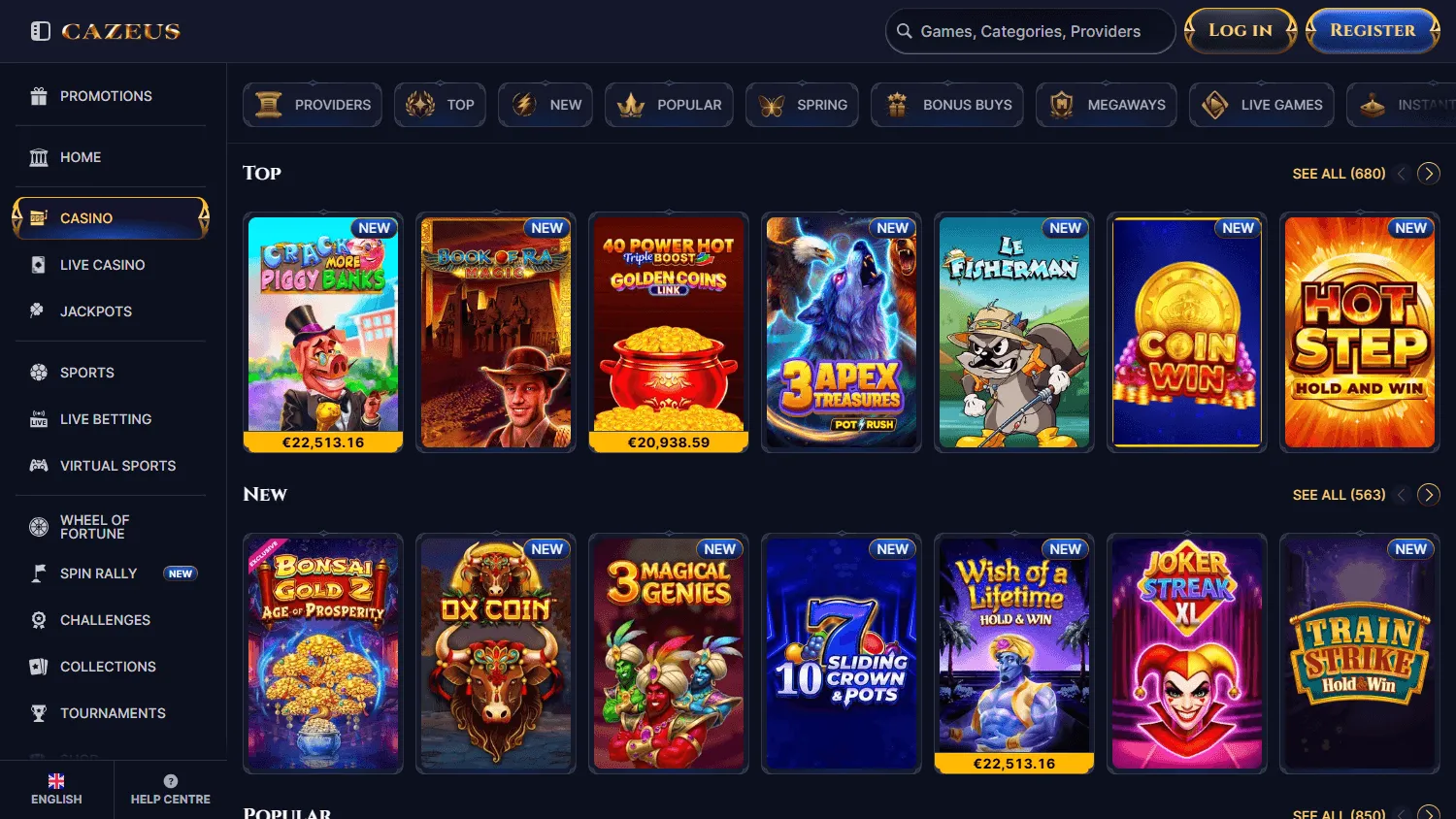 Cazeus Casino game selection on desktop