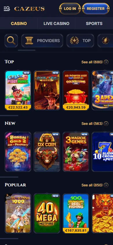 Cazeus Casino games on a mobile device