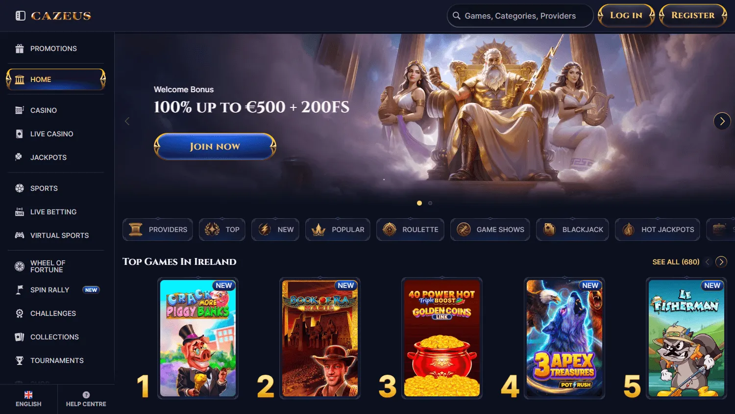 Cazeus Casino home experience on desktop