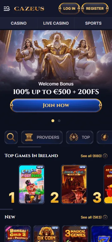 Cazeus Casino home experience on a mobile device