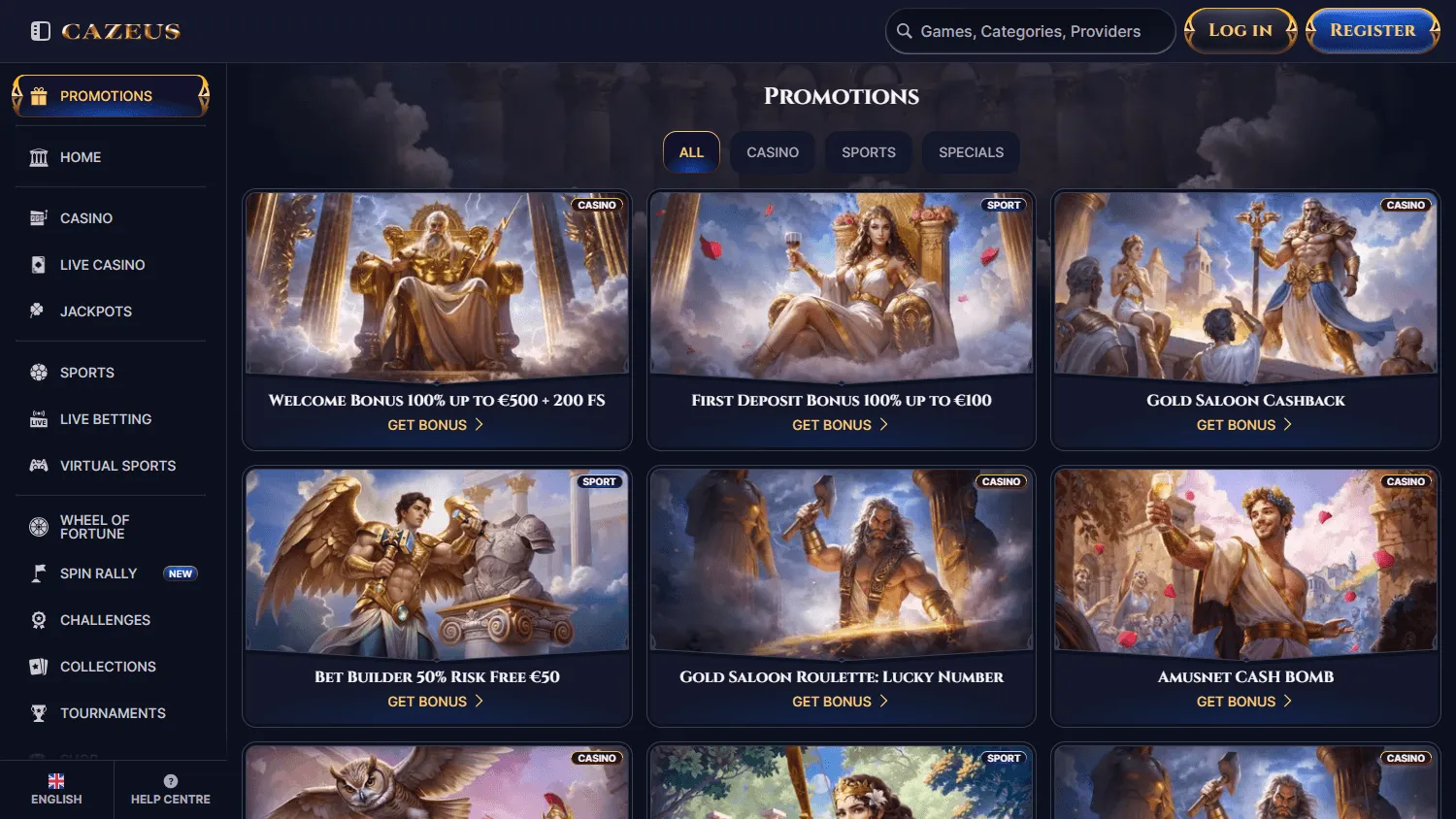 Cazeus Casino promotions on desktop